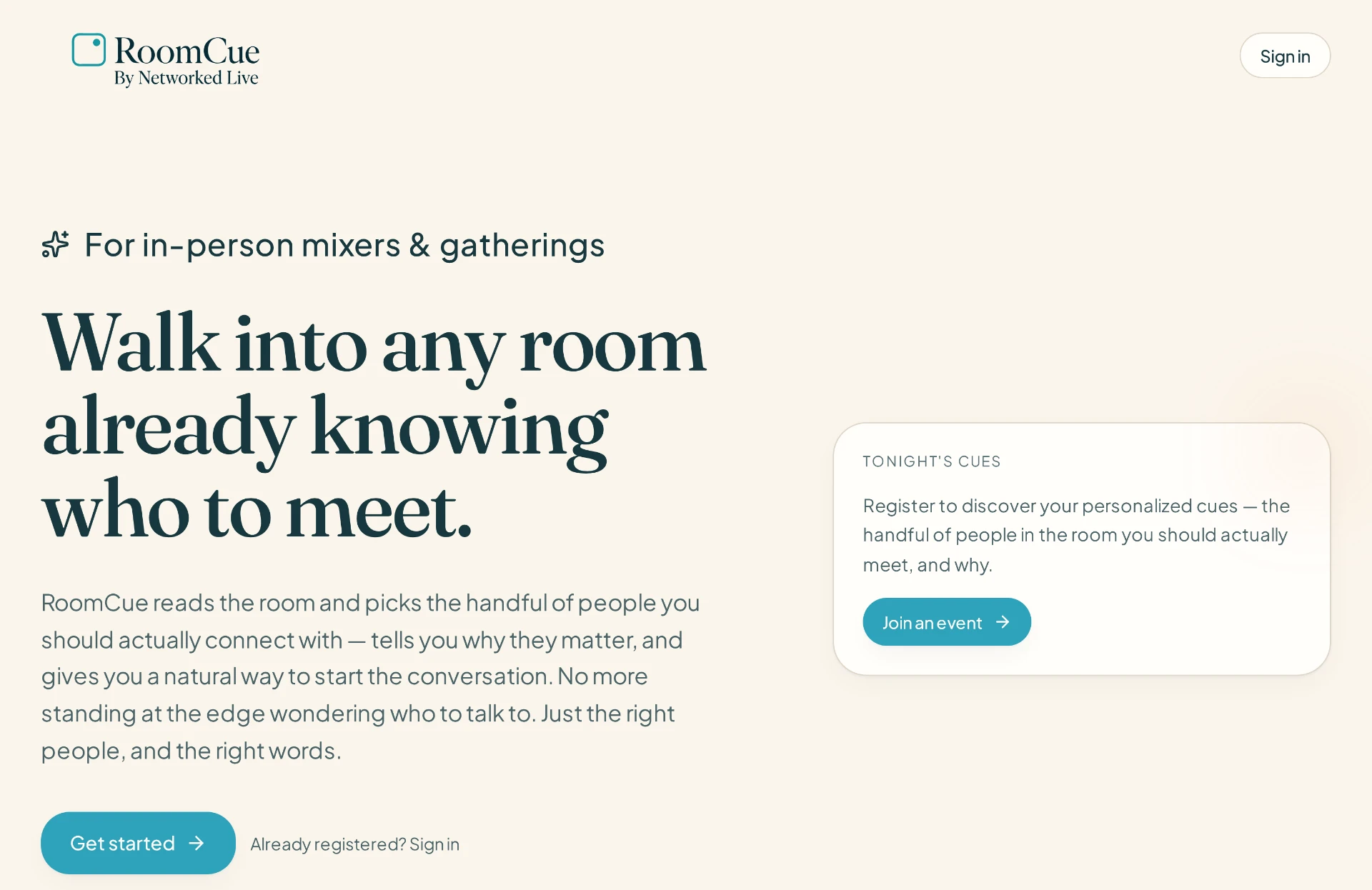 RoomCue app hero screen showing personalized cues for tonight's mixer